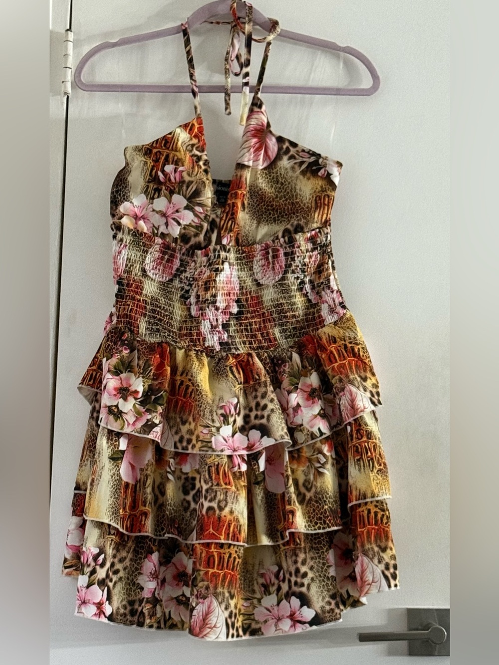 Fusionista Floral Animal Print Ruffle Halter Mini Dress Size XL $60 - Picture 2 of 8